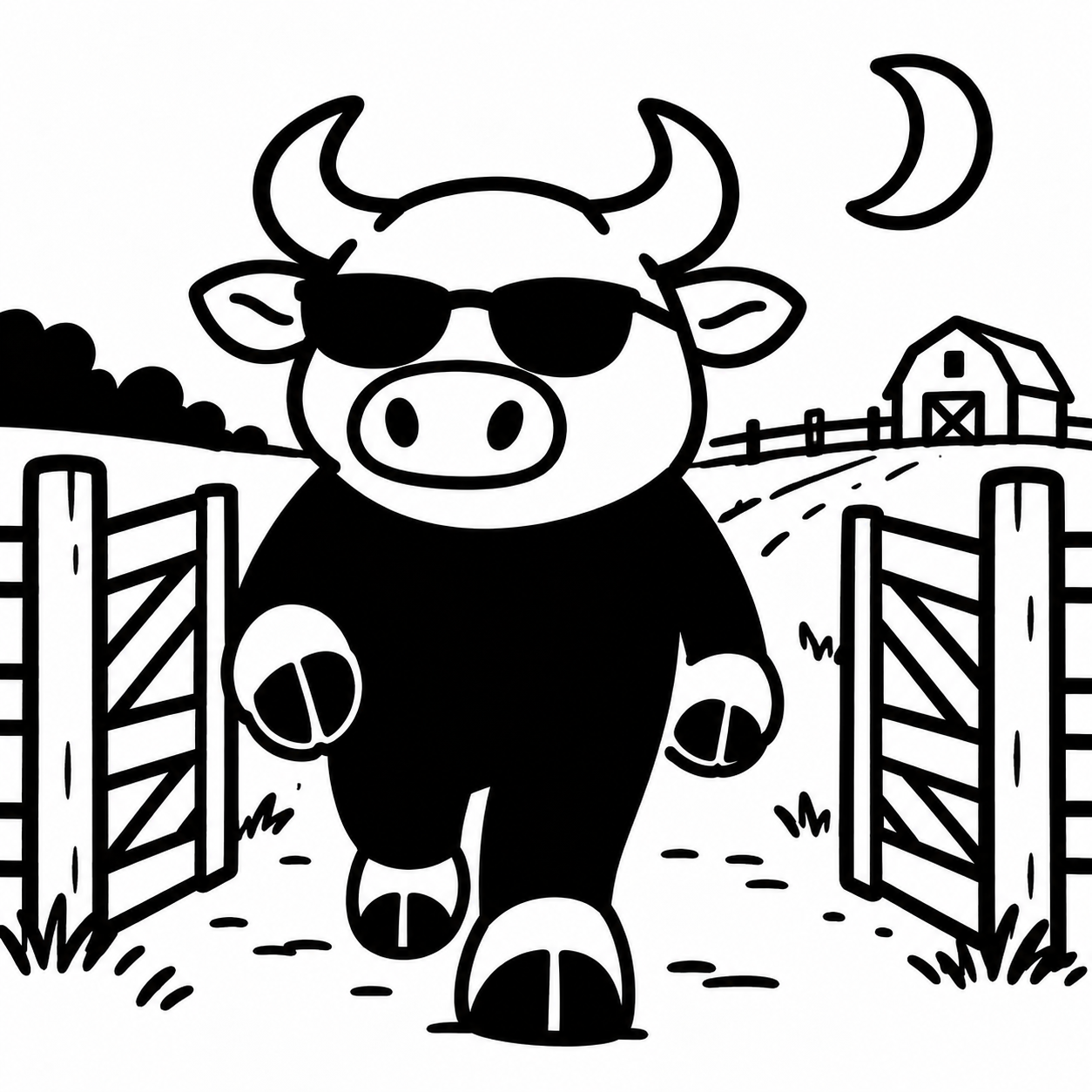 The bull leaving the farm gate at night