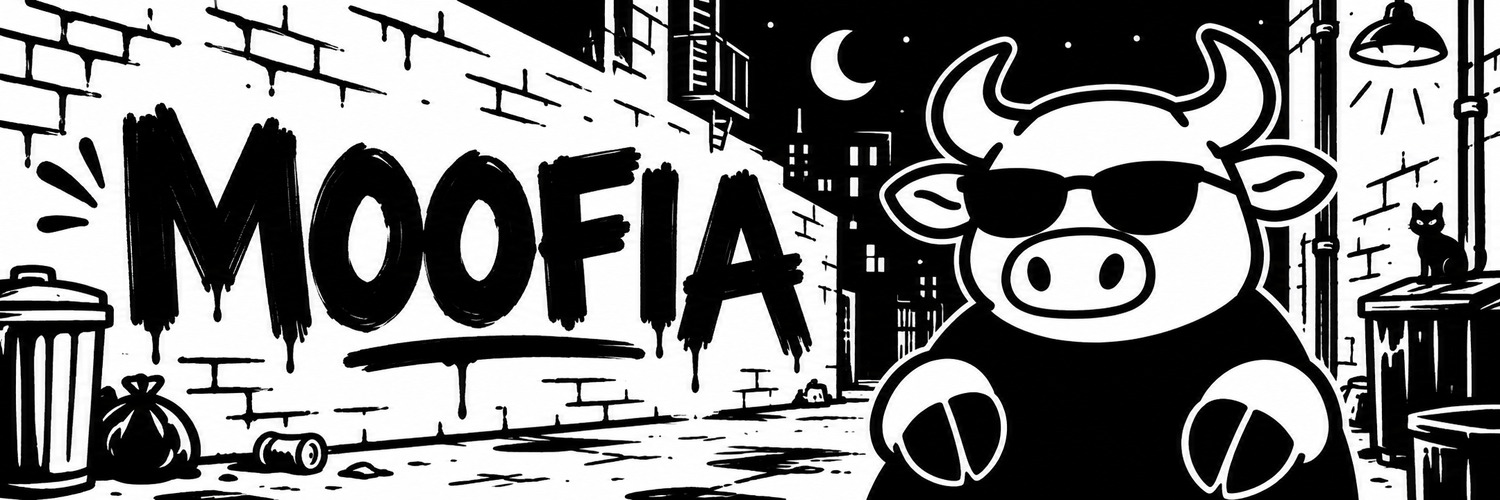 MOOFIA bull in the city at night with bold ink lettering